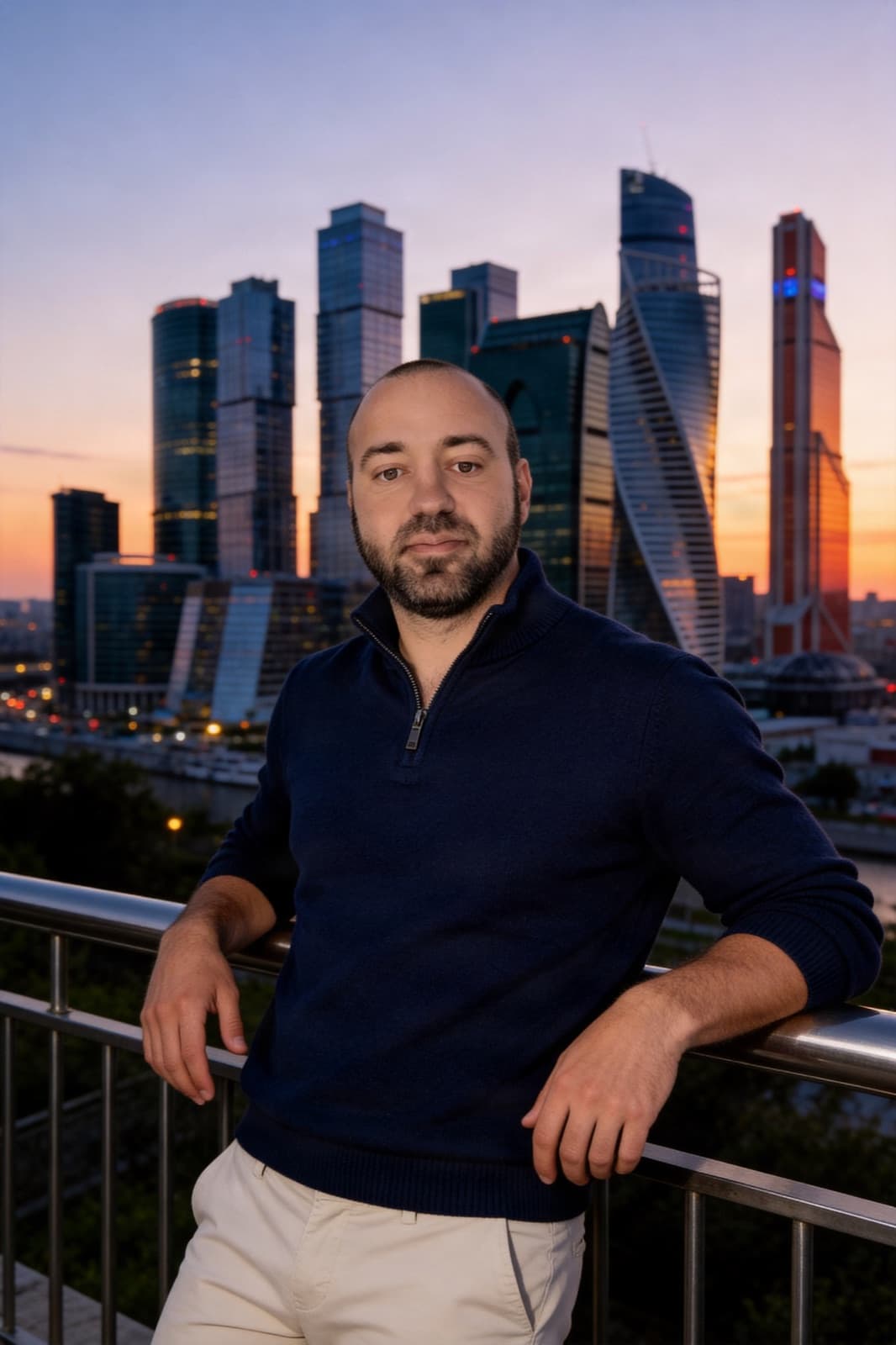 Miguel apoyado en una barandilla con rascacielos al atardecer